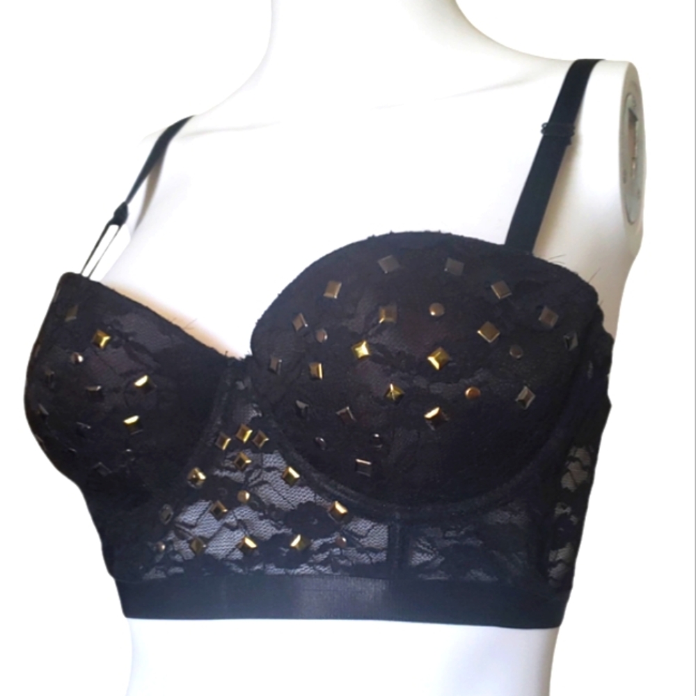 Bikini Swim Top Push Up Black Lace Gold Tone Metal Studded Women's Size 36B.